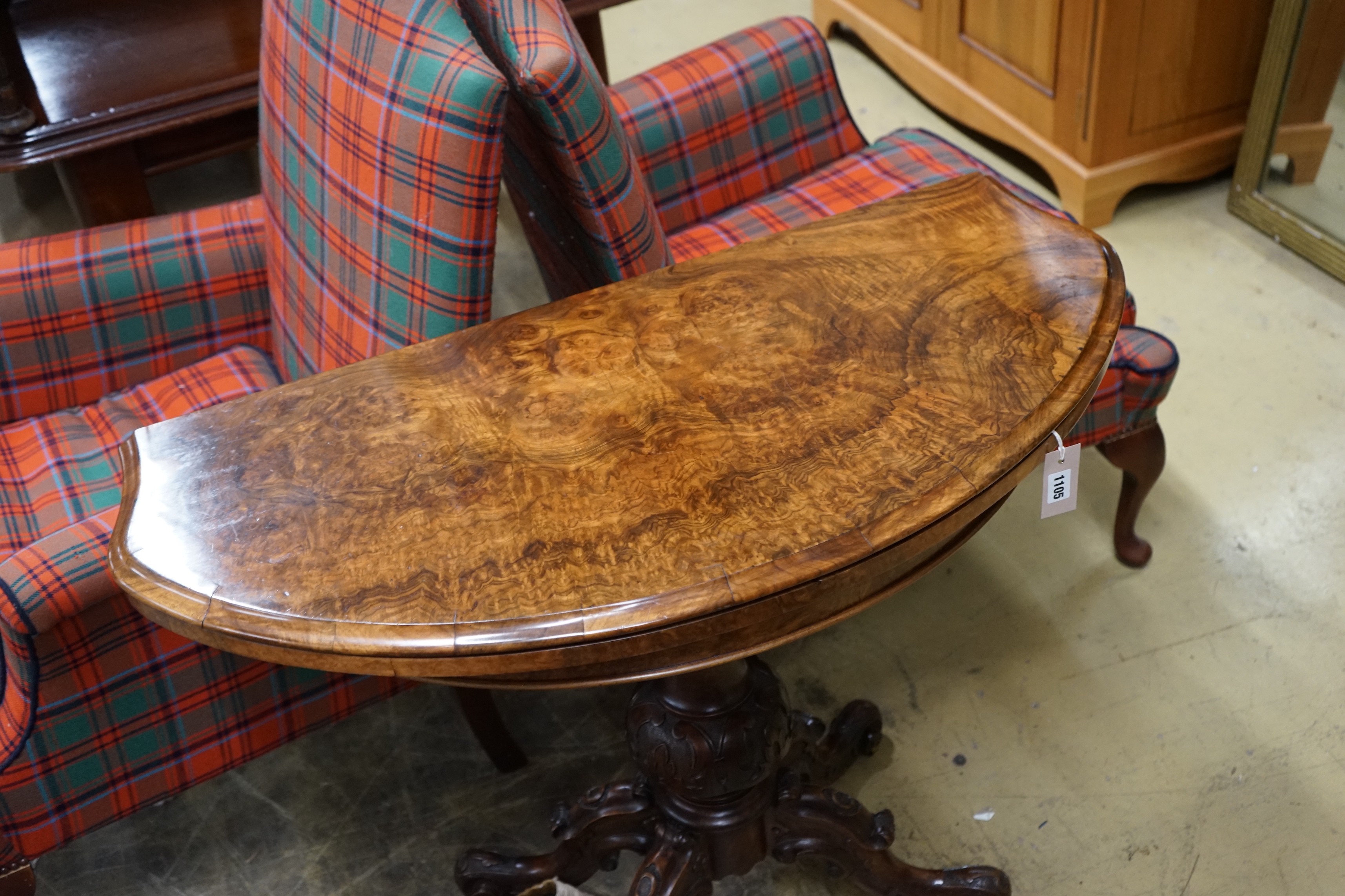 A Victorian figured walnut D shaped folding card table, width 98cm, depth 46cm, height 75cm